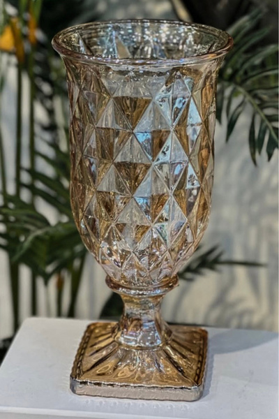 LEMİ DEKORASYON Kare Tabanlı Amber Kesme Cam Vazo 29 Cm