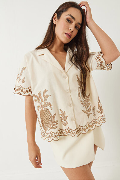 Bianco Lucci Cămașă de in brodat cu mânecă scurtă, cu rever, pentru femei 60283016