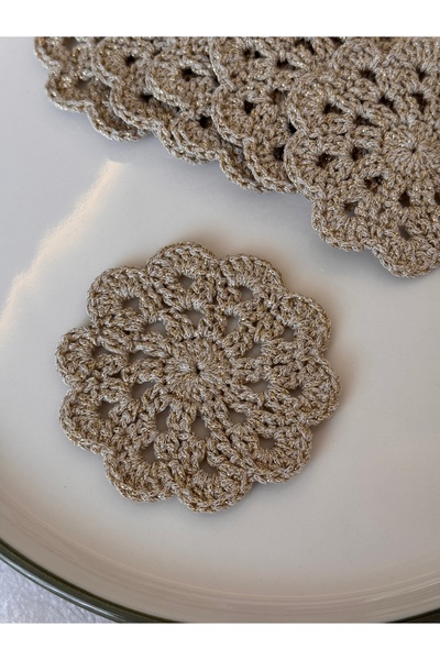Miliva 6'lı Bardak Altlığı | Örgü Makrome Bardak Altlığı | Simli Yuvarlak El Yapımı Bardak Altlığı | 6 Adet