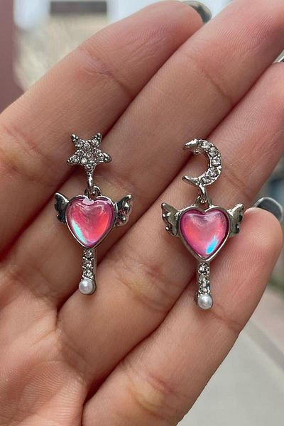 Köstebek Crystal Lolita Style Pink Heart Scepter Earrings