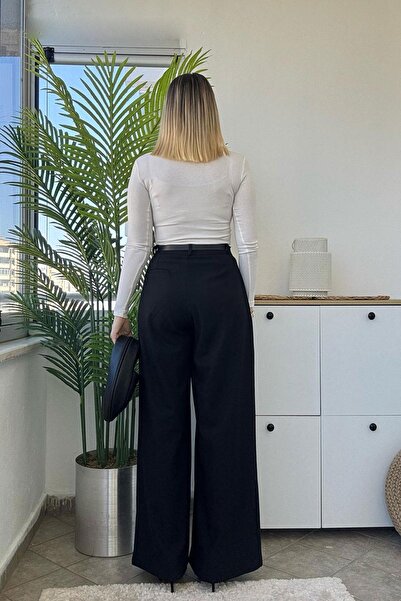 Kubos Moda Bol Paça Kemerli Lacivert Palazzo Pantolon