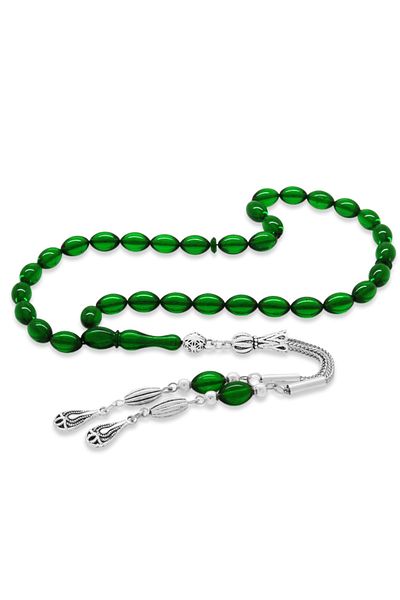 Tesbihane Emerald Green Ankle Length Tasseled Rosary - Tarnish-Free Metal, Barley Cut