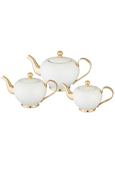 ALSAIF High-quality white and gold-plated stainless steel teapot set from Al Saif, sizes 700-900-1200 mm