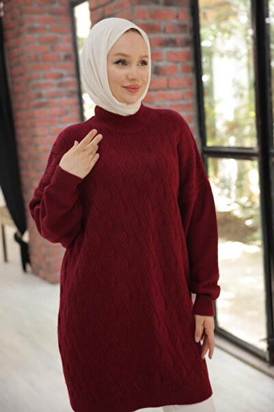 Nissra Ankanoor Burgundy Off-Shoulder Patterned Knitwear Tunic Anka 257013