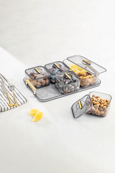 HOMENIVA 11 Piece Gold Handle Acrylic Presentation Tray Smoked Breakfast Set
