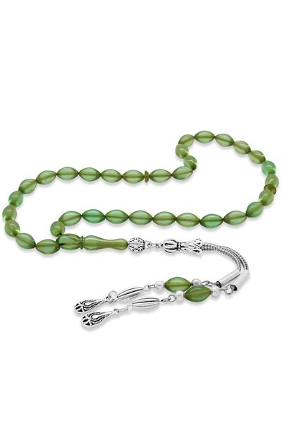 Tesbihane Non-Tarnish Metal Water Drop Tasseled Barley Cut Wrist Size Water Green Fire Amber Prayer Beads