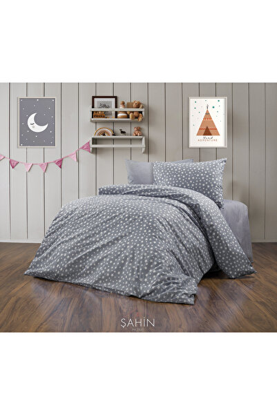 Şahinhome Gri Yıldızlı Genç Nevresim Takımı Çarşafı Lastikli Tek Kişilik Nevresim Takımı