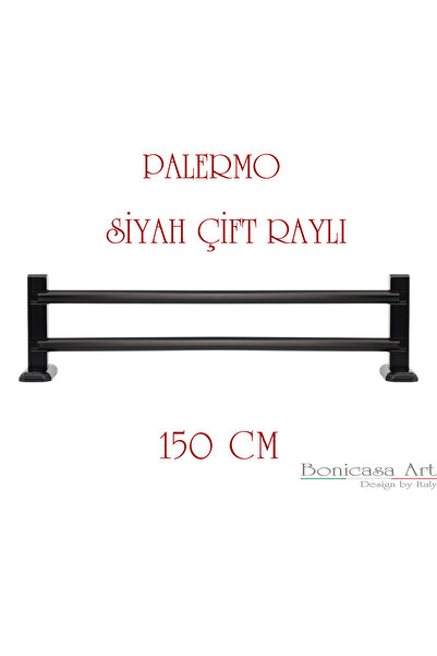 BonicasaArt Palermo Siyah Çift Raylı Ahşap Başlıklı Rustik Perde Askısı Çetra...
