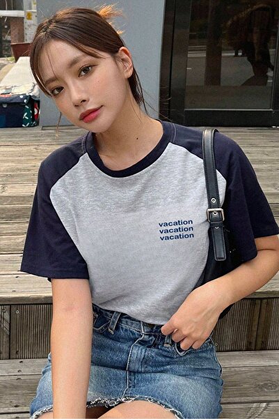 Know Vocation Parçalı Süprem T-Shirt - Gri Lacivert Baskılı Oversize Bisiklet Yaka Kısa Kol Tişört