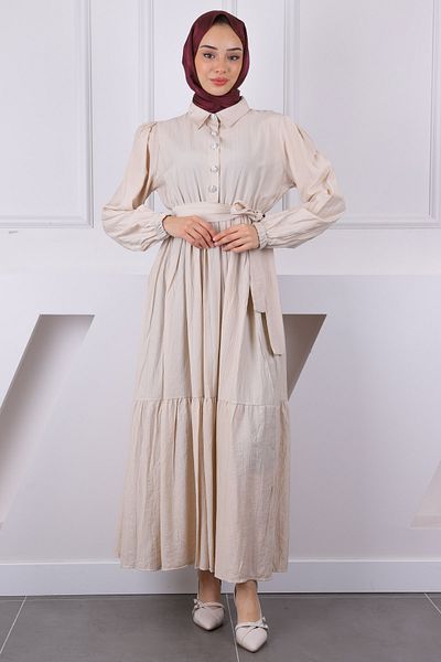 İmajButik Μπεζ φόρεμα με ελαστική μέση με ζώνη