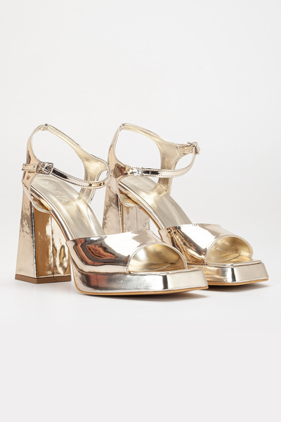 LİLLA Women's Angular Platform Thick Heeled Gold Color Evening Dress Shoes