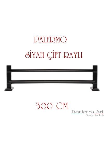 BonicasaArt Palermo Siyah Çift Raylı Ahşap Başlıklı Rustik Perde Askısı Çetra...
