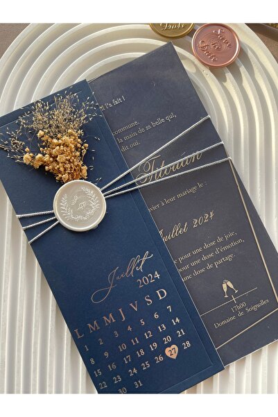 emindijital Mavi Zarflı Şeffaf Kuruçiçekli Mühürlü Düğün Davetiyesi 100 Adet