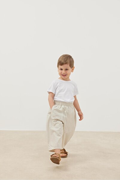 Fahhar Kids Beige Linen Trousers - Double Needle