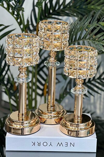 LEMİ DEKORASYON 3 Lü Kesme Taşlı Şamdan 34*30*28 Cm