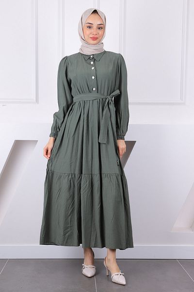 İmajButik Φόρεμα Modal με ζώνη με ελαστική μέση χακί