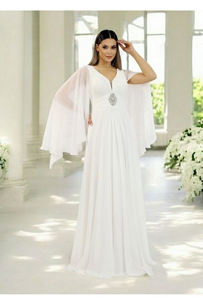 FaBe Fashion Cap Sleeve Waist with Stone Accessories Draped Heart Collar White Chiffon Wedding Engagement and Outdoor Shooting Dress