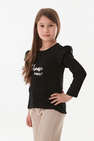 Fulla Moda Ribbed Choose Happy Printed Girl's Body with Ruffled Sleeves