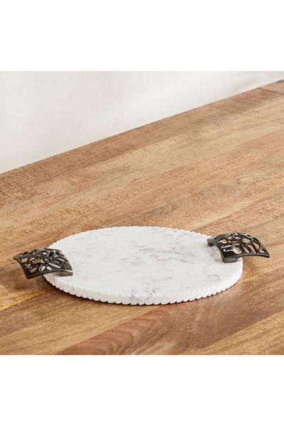Home Box Willow Round Marble Tray with Handle - 39x31x3 cm