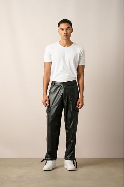Rocqerx R-4341 Double Cargo Pocket Leather Trousers with Leg Slits