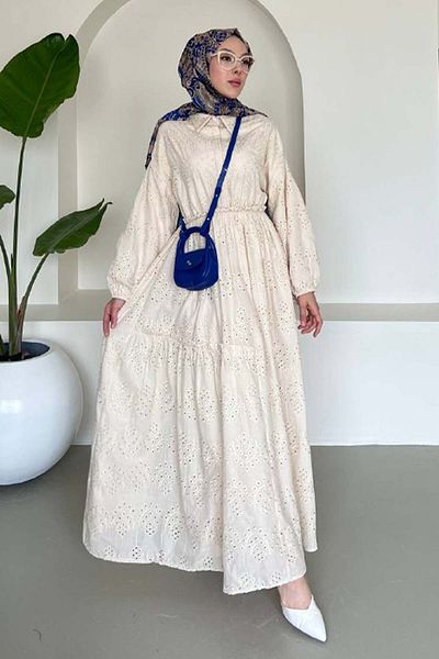 benguen Embroidery Hijab Dress Cream 1009-1