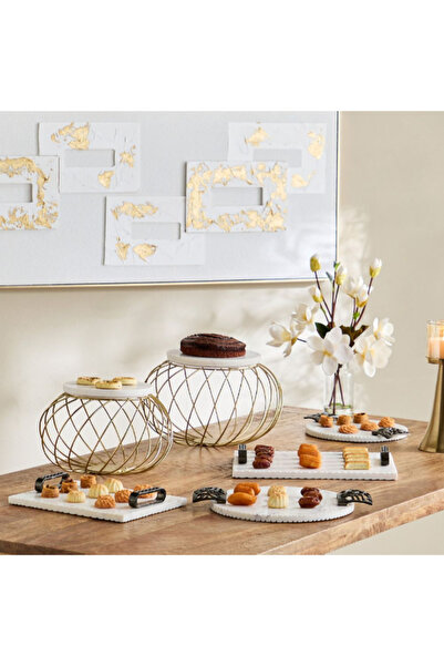 Home Box Willow Round Marble Tray with Handle - 39x31x3 cm