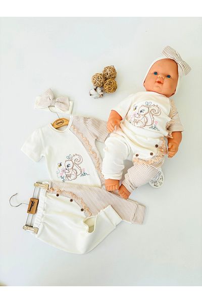 Tomuycuk 3-Piece Baby Girl Kids Set Squirrel Embroidered 3-6-9-12 Months Baby Sets Outfits Baby Clothing