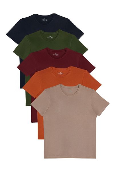 Tudors Unisex 5 Pack Navy Blue-khaki-burgundy-cinnamon-mink Slim Fit Slim Fit 100% βαμβακερό μπλουζάκι με λαιμόκοψη