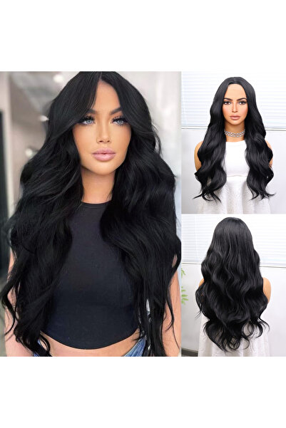 Mina Peruk Uzun Siyah Su Dalgalı Fiber Sentetik Tül Peruk