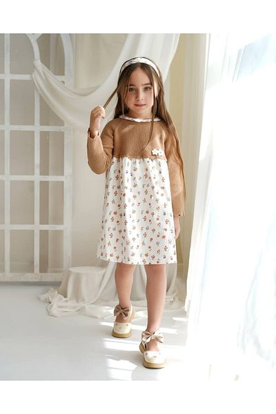 İNDİGO Girl's Brown Flower Printed Bandanna Dress