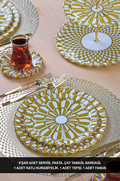 Glore Destina Hardal Altın Yaldızlı 6 Kişilik 28 Parça Pasta Çay Servis Takımı