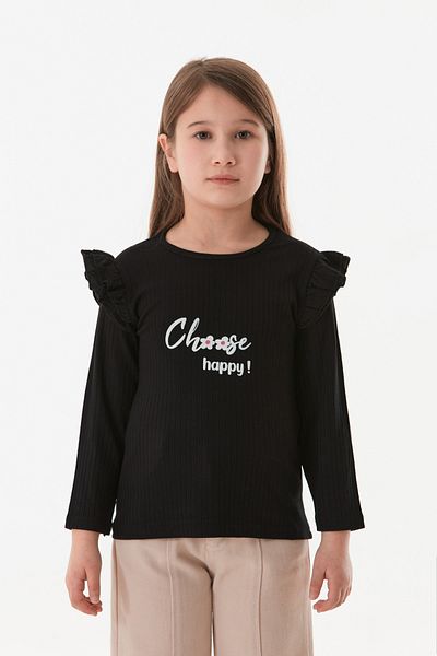 Fulla Moda Ribbed Choose Happy Printed Girl's Body with Ruffled Sleeves