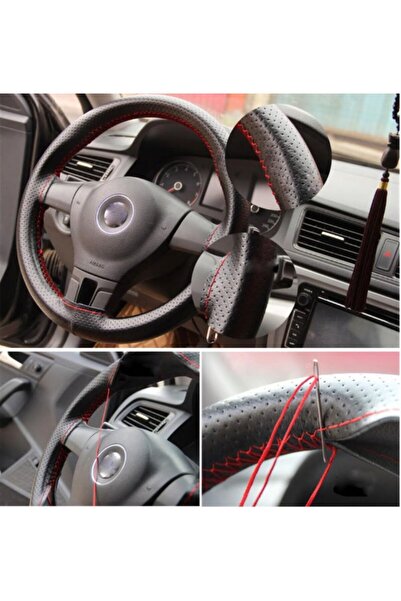 EFN Store Kırmızı Deri Dikişli Noktalı Direksiyon Kılıfı Kolay Dikim (iğne -i...