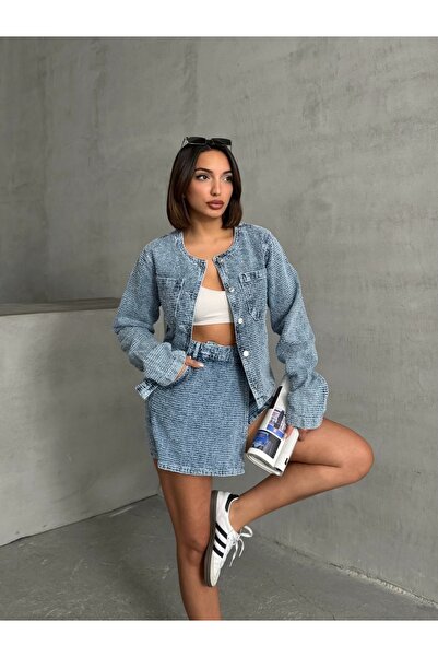 Miss Prova Mavi Dokulu Denim Mini Şort Etek MISSSE8017