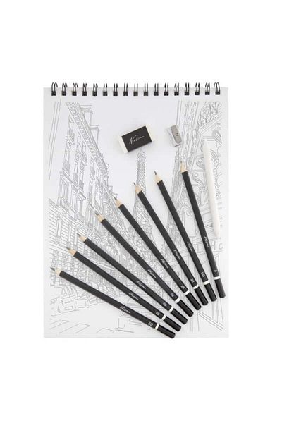 Nassau fine art Sketch Drawing Set 12 Pieces Graphite Pencils, Spiral Drawing Pad And Accessories