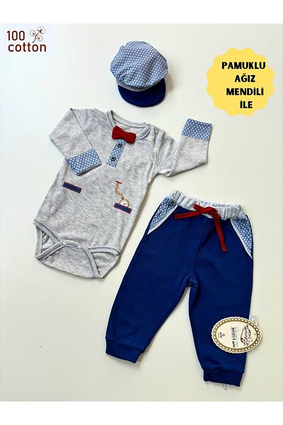 Tomuycuk 100% Cotton 3-Piece Blue Baby Boy Set - Bow Tie & Long Sleeve Newborn Baby Sets