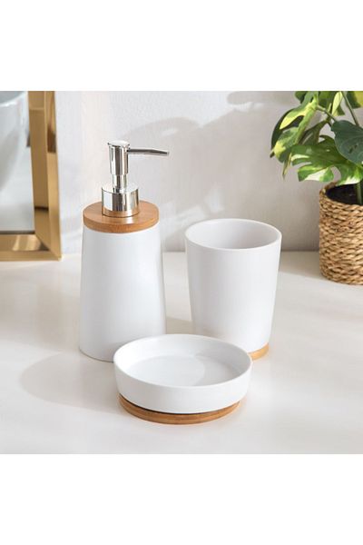 Home Box Boston 3-Piece Ceramic and Bamboo Bathroom Accessory Set
