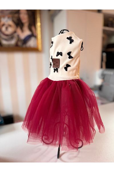 For a Fur Cat Dog Tutu Dress Fuchsia Color Black Bow Detailed