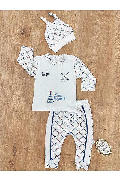 Tomuycuk Newborn 3-Piece Baby Boy Set - My Camping Embroidered & Hat Baby Set