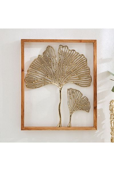 Home Box Ozawa Aluminium Cutwork Ginko Leaf Wall Art with Natural Wooden Frame - 41x48x3 cm