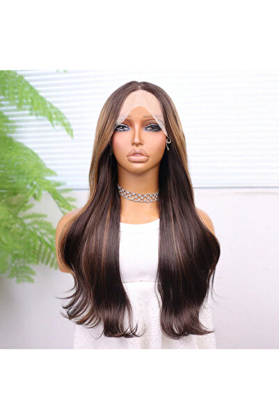 Mina Peruk Kahve Karamel Işıltılı Düz Fiber Sentetik Tül Peruk