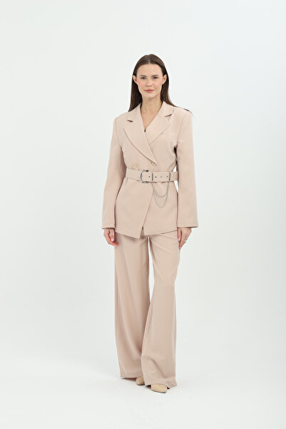 Milamia بدلة بيج مزدوجة الصدر مع سلسلة إكسسوارات