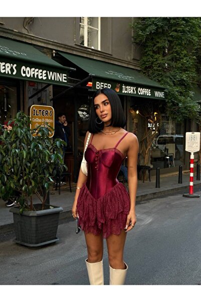 NEW JOURNAL Kadın Bordo Askılı Saten Korseli Eteği Dantelli Şortlu Mini Elbis...
