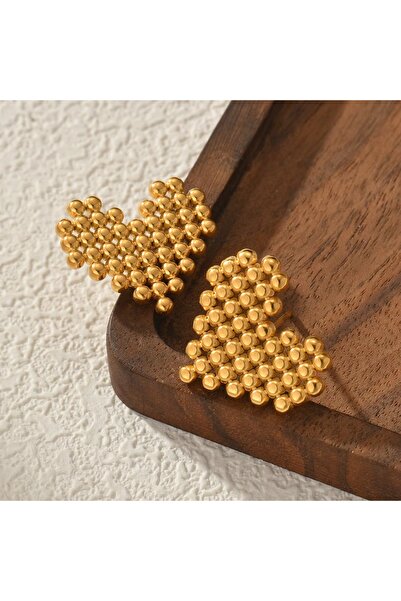 Siya Silver Kararmaz Çelik Altın Kaplama Gold Renk Topçuklu Çivi Küpe