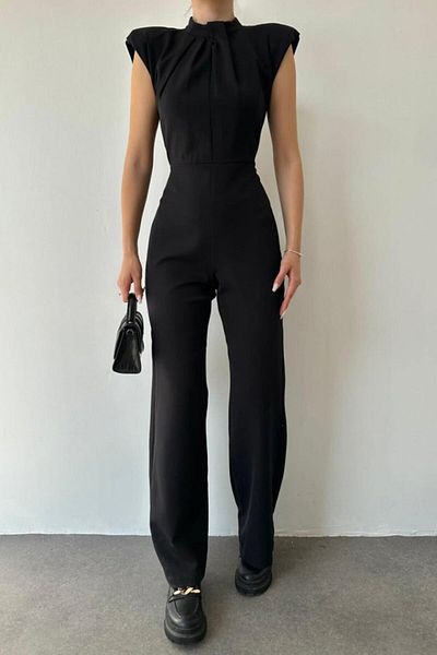 JANES Black Padded Stand Collar Jumpsuit