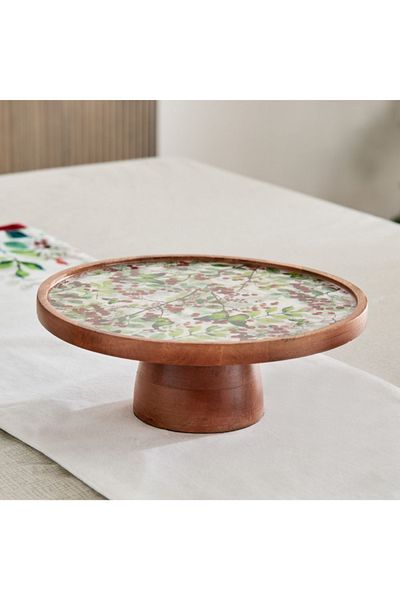 Home Box Berry Wooden Pedestal Cake Stand - 26.5x26.5x10 cm