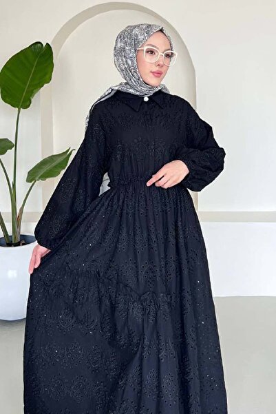 benguen Black Brode Hijab Dress 1009-1 Model