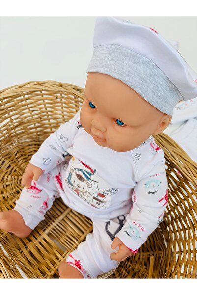 Tomuycuk Ecru & Pirate Embroidered 3-Piece Baby Boy Set - Set with Hat & Bodysuit - 100% Cotton