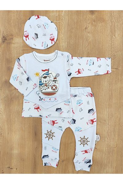 Tomuycuk Ecru 3-Piece Set for Baby Boy - 100% Cotton and Sweat Little Pirate