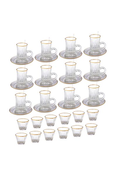 Dania Set tea and coffee set made of clear glass with a golden line 12 cups+12 saucers+12 spoons+12 coffee